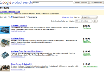 Ejemplo de búsqueda en google product search sobre la controladora arduino