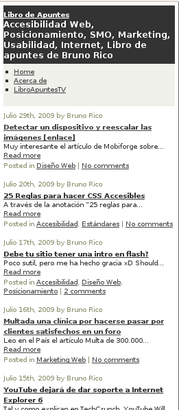 Emulación de cómo se ve el Libro de Apuntes con el plugin The dotMobi WordPress Mobile Pack activado y navegando desde un dispositivo móvil