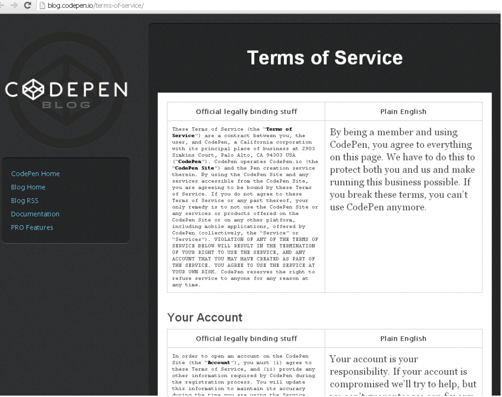 CodePen, aviso legal explicado punto por punto
